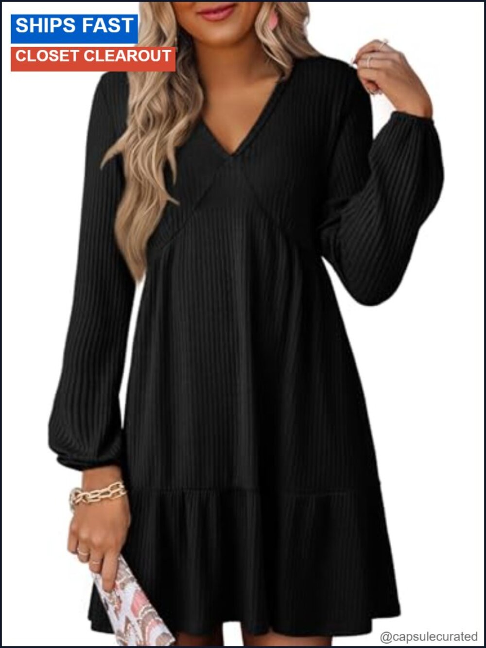 Long Sleeve V Neck Ribbed Knit Empire Waist A Line Swing Mini Dress